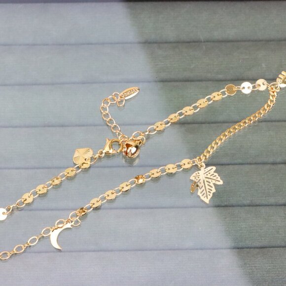 "Rose Gold Leaf Charm Anklet with Moon Pendant, XPAL1184 - Picture 4 of 12